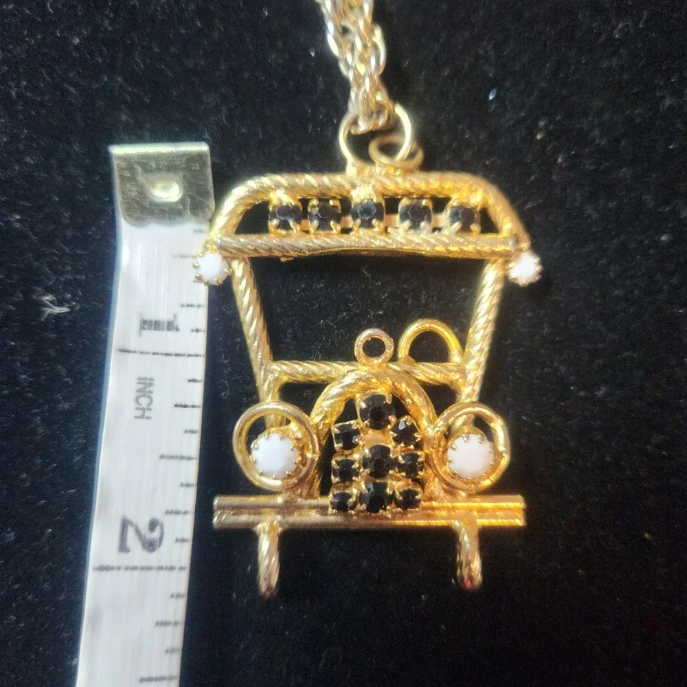 Vintage Gold Tone Rickshaw Pendant Necklace Black Rhinestone White Cabochon